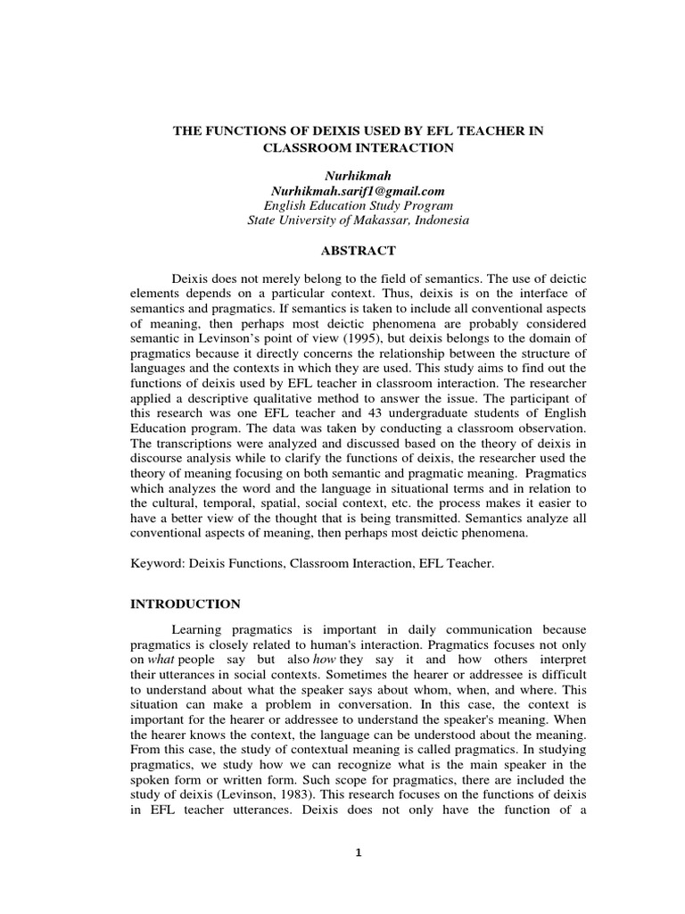 Functions of Deixis in EFL Teaching | PDF | Language Arts & Discipline