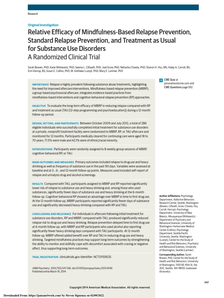 Relative efficacy of mindfulness based relapse prevention pdf