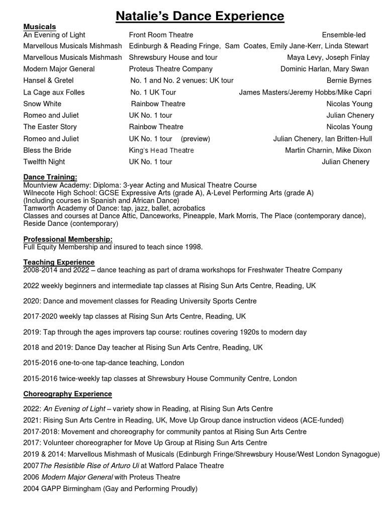 Natalie Wilcox Dance Experience PDF Dances Performing Arts