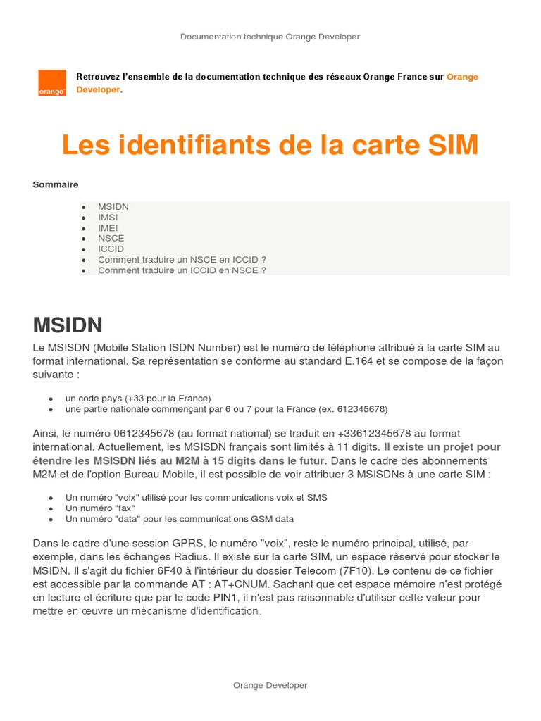 Identifiants de la carte SIM Orange | PDF | Télécommunications ...