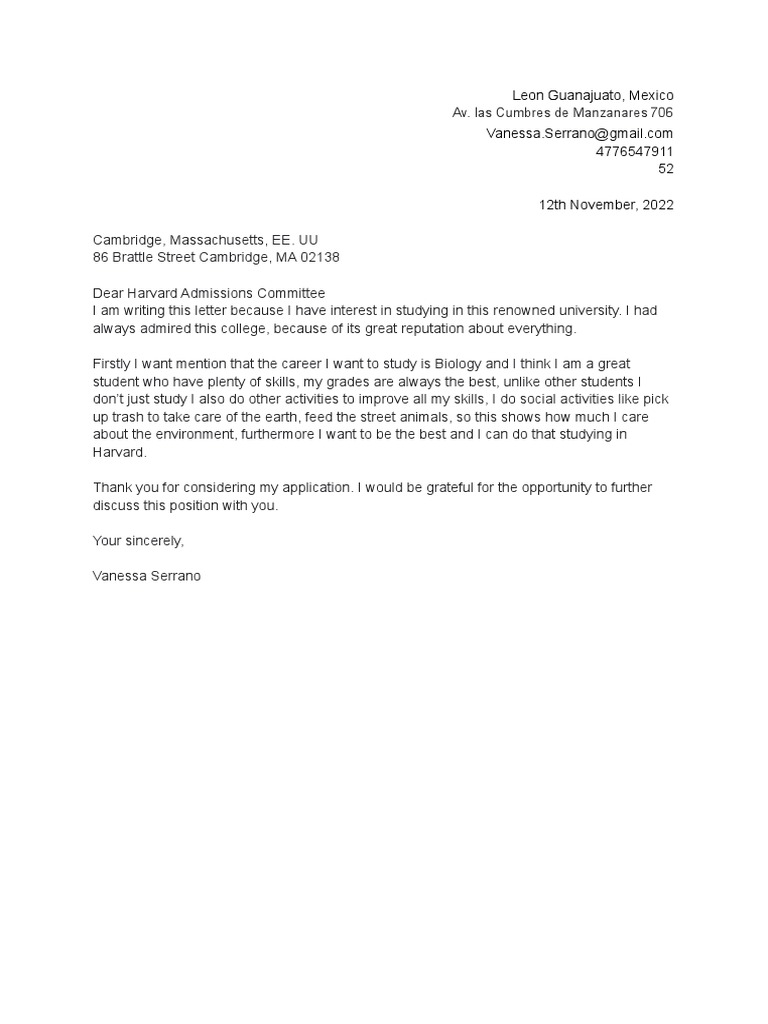 Harvard Application Letter: Vanessa Serrano | PDF