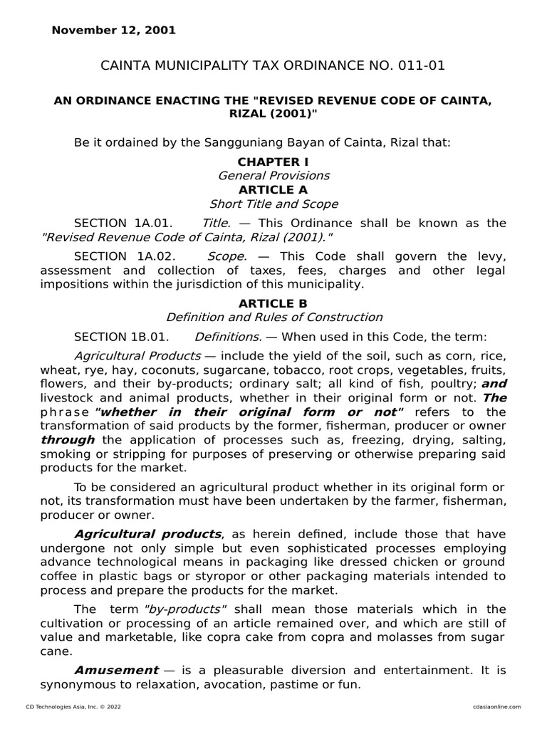 Revised Revenue Code of Cainta Rizal 2001 PDF Taxes Business
