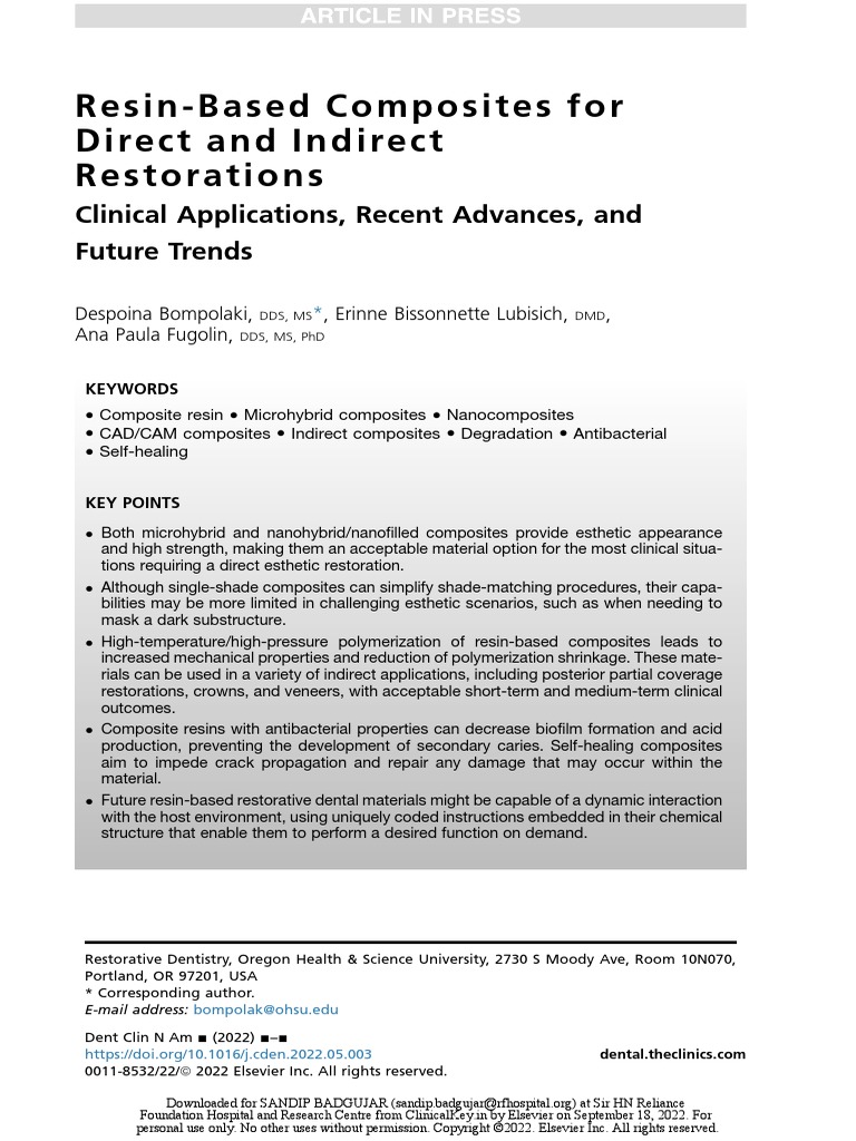 Resin Based Composites For Direct and Indirect Restorations PDF