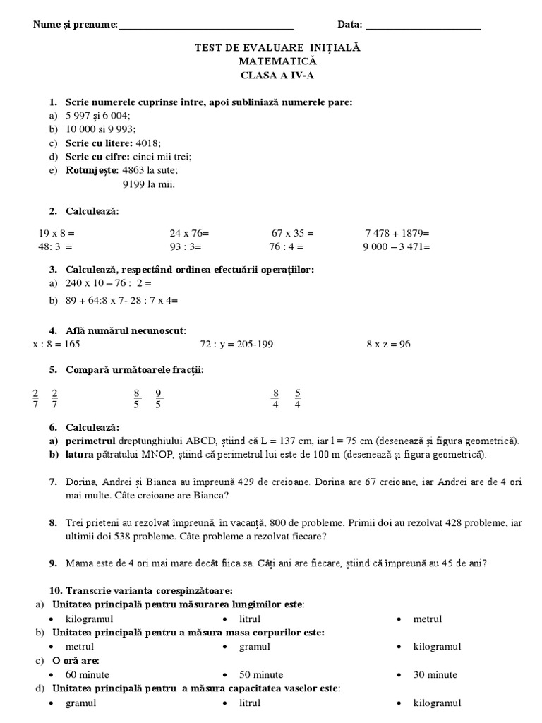 Mate Test de Evaluare Inițială | PDF