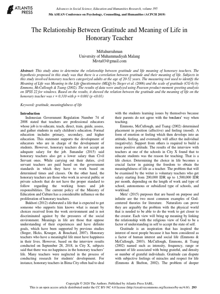 The Relationship Between Gratitude and Meaning of Life in Honorary ...