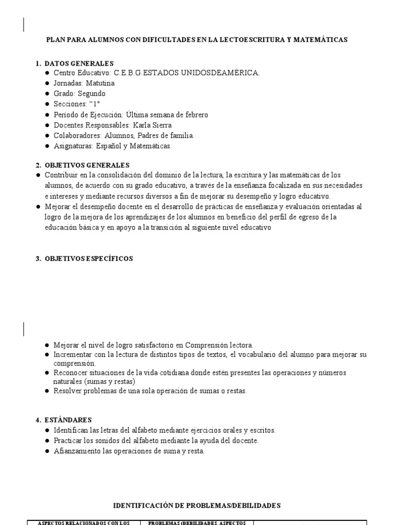 Plan de Mejora en Lectoescritura y Matemáticas | PDF | Método de ...