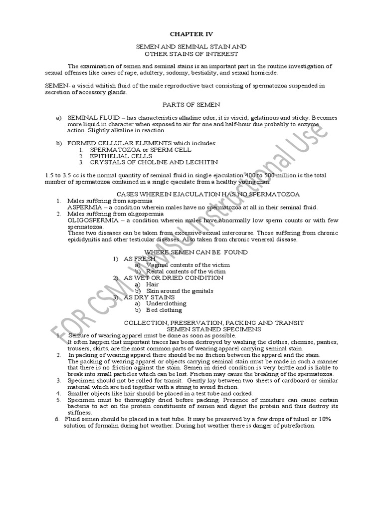 Seminal Stains: Tests and Examination Methods | PDF | Staining | Semen