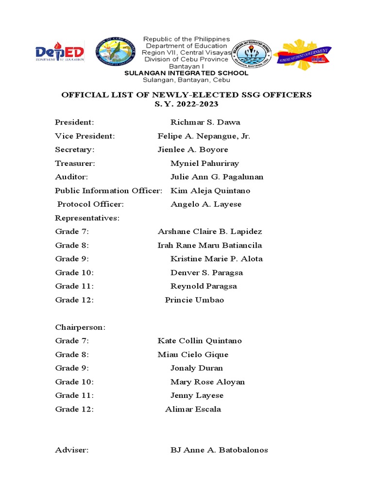 Newly-Elected SSG & SPG Officers 2022-23 | PDF