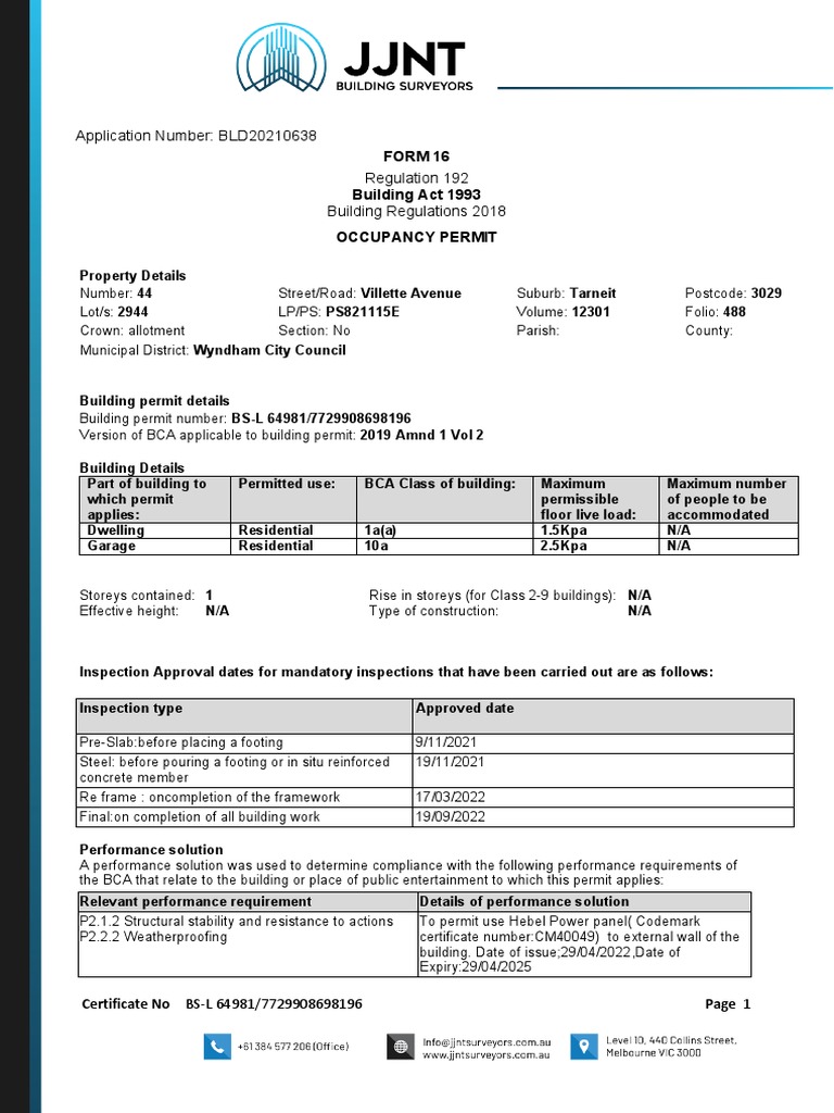 Occupancy Permit for Tarneit Dwelling | PDF | Building Engineering ...
