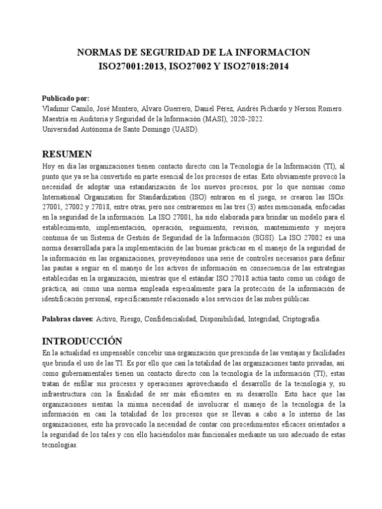 Resumen de Normas ISO 27001, 27002 y 27018 | PDF | Seguridad de ...