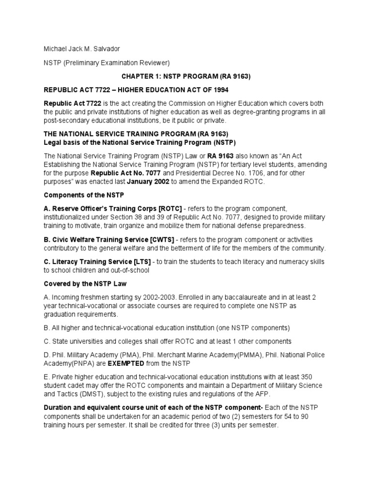 NSTP Preliminary Exam Reviewer Guide | PDF | Leadership | Psychological ...