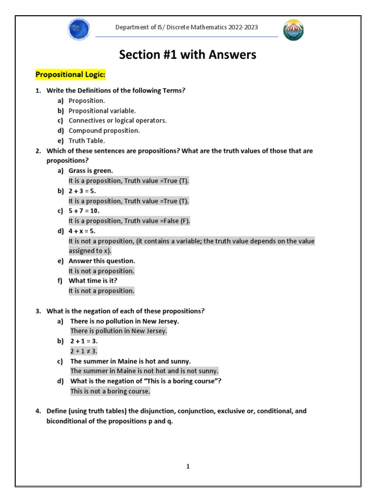 Section 1 - With Answers | PDF | Proposition | Mathematical Logic