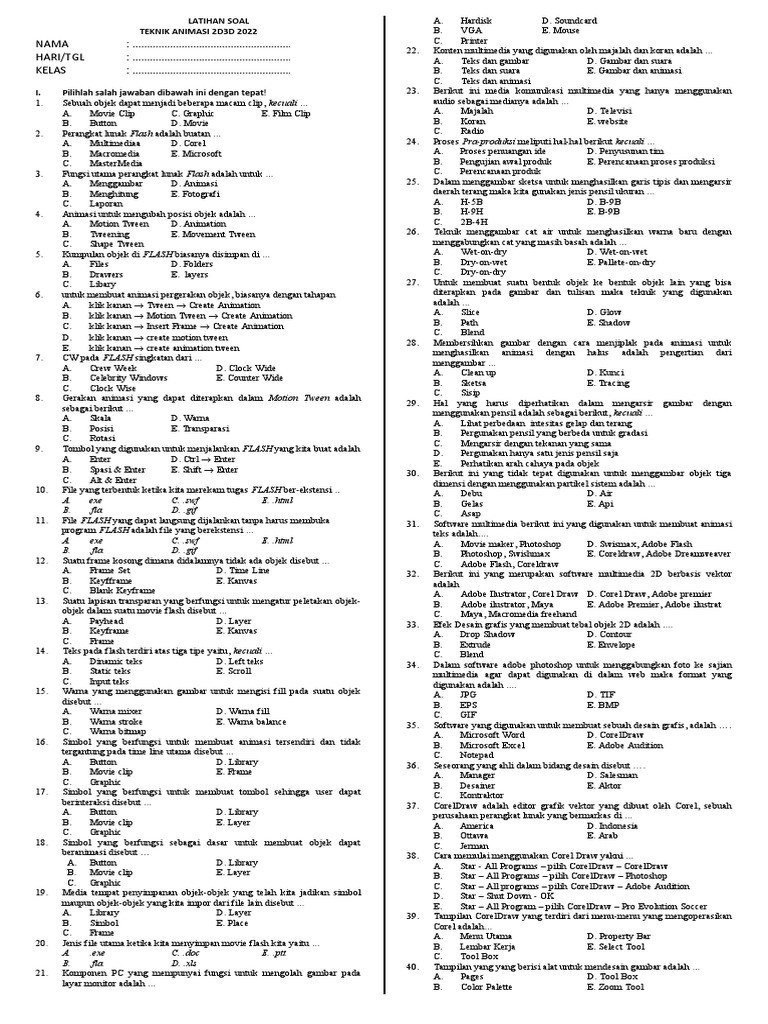 Soal Latihan Teknik Animasi 2D/3D | PDF