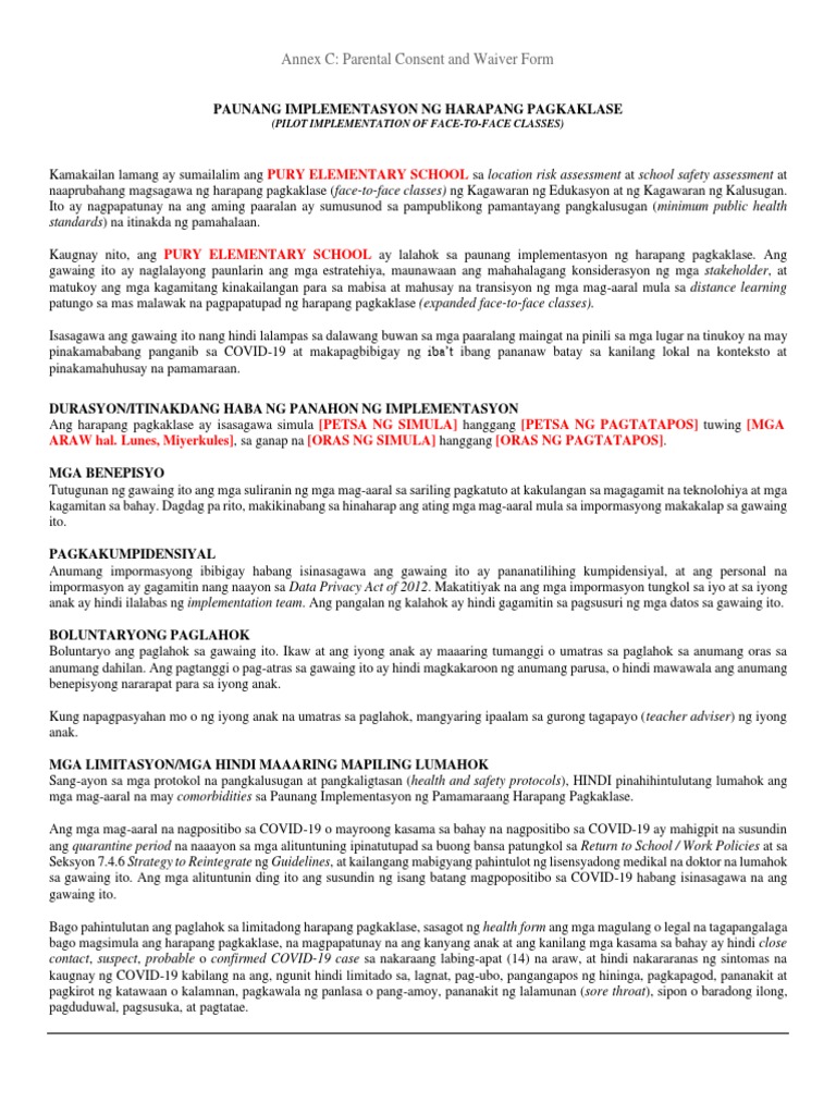 Annex C Parental Consent and Waiver Form 1 | PDF