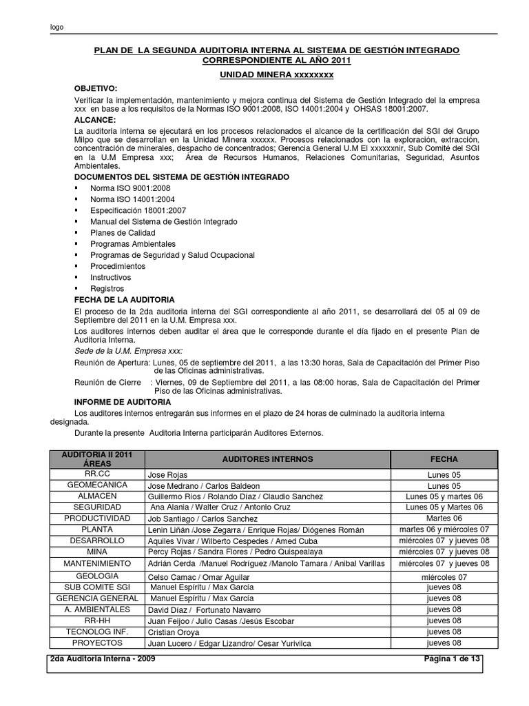 PLAN DE AUDITORIA INTERNA Ejemplo | PDF | Auditoría | Las condiciones ...