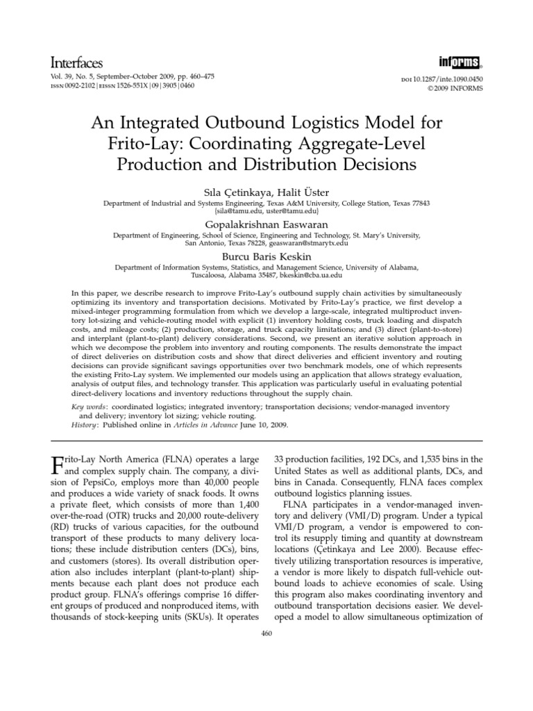 FritoLay Logistics Model PDF Inventory Logistics