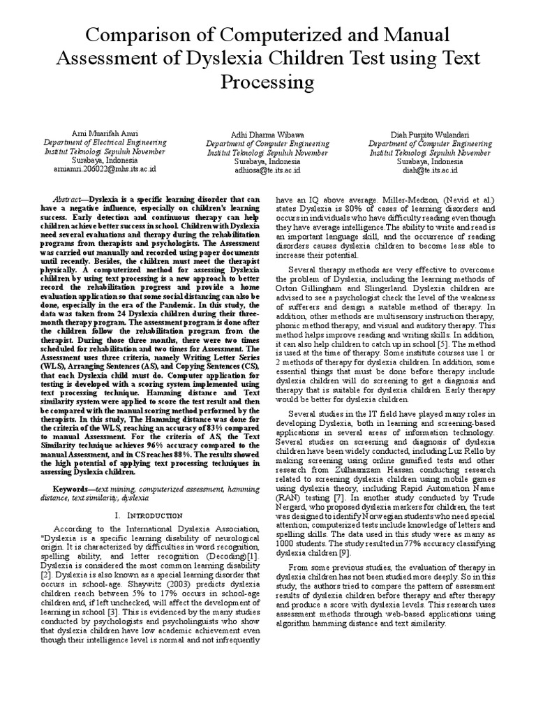 Comparison of computerized and manual assessment of dyslexia children