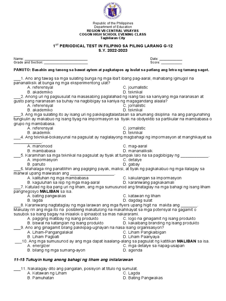 1st Periodical Test In Filipino Sa Larang Pdf