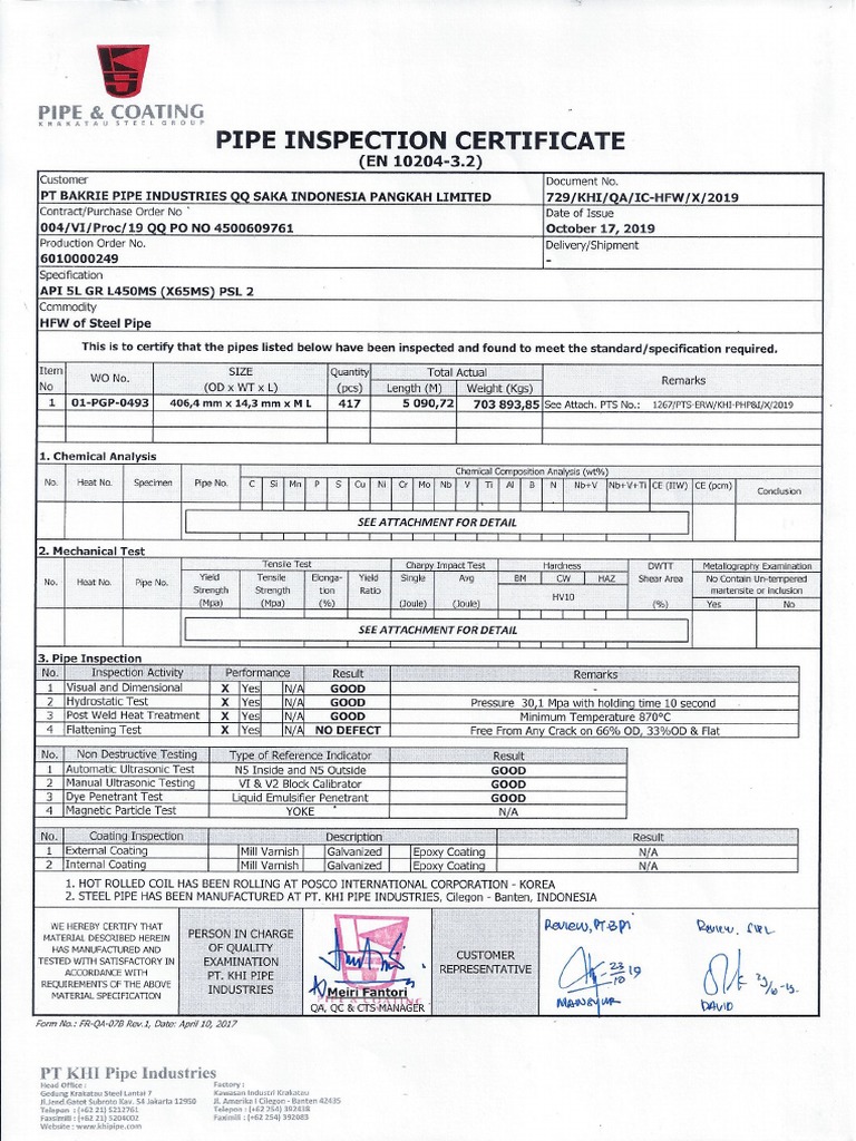 5.4 Pipe Inspection Certificate | PDF