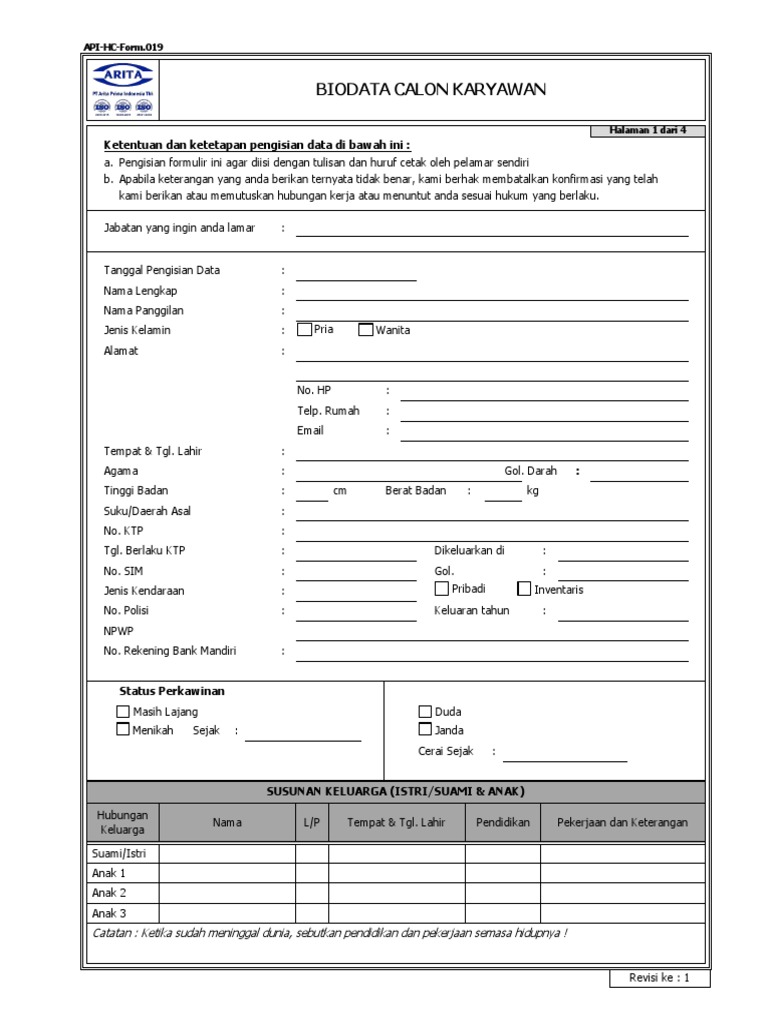 Form Biodata Calon Karyawan Pdf