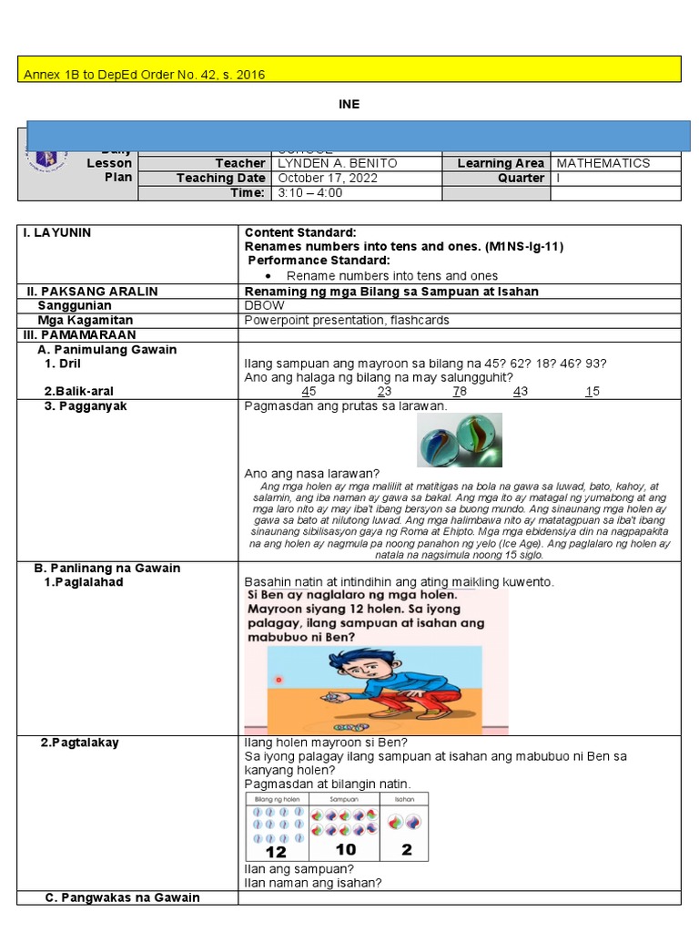 LP - Math 1 Quarter 1 10-17-22 Rename Numbers Into Tens and Ones | PDF