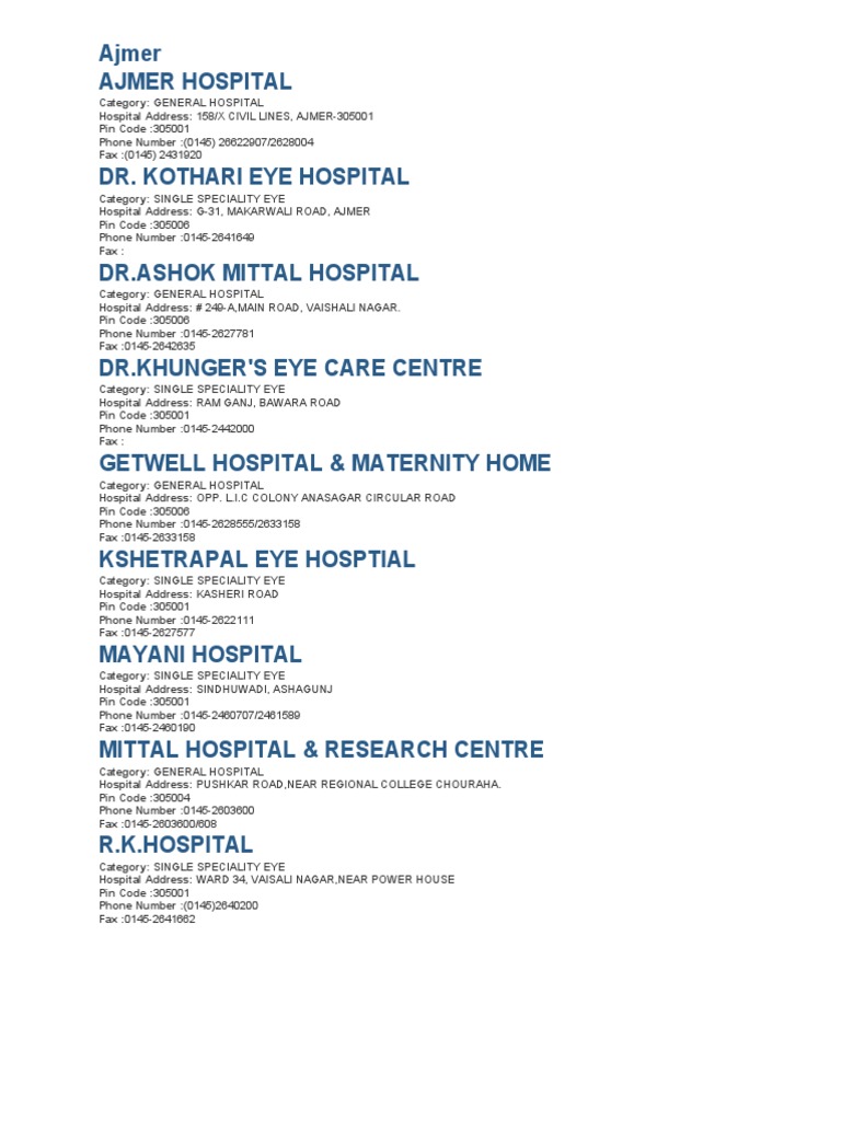 Rajasthan Hospitals LIST PDF Patient Hospital