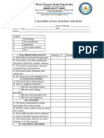 Pre Service Teachers Actual Teaching Checklist