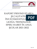 Raport Privind Starea Şi Calitatea Învăţământului Din Liceul Tehnologic Spiru Haret În Anul ŞCOLAR 2021-2022