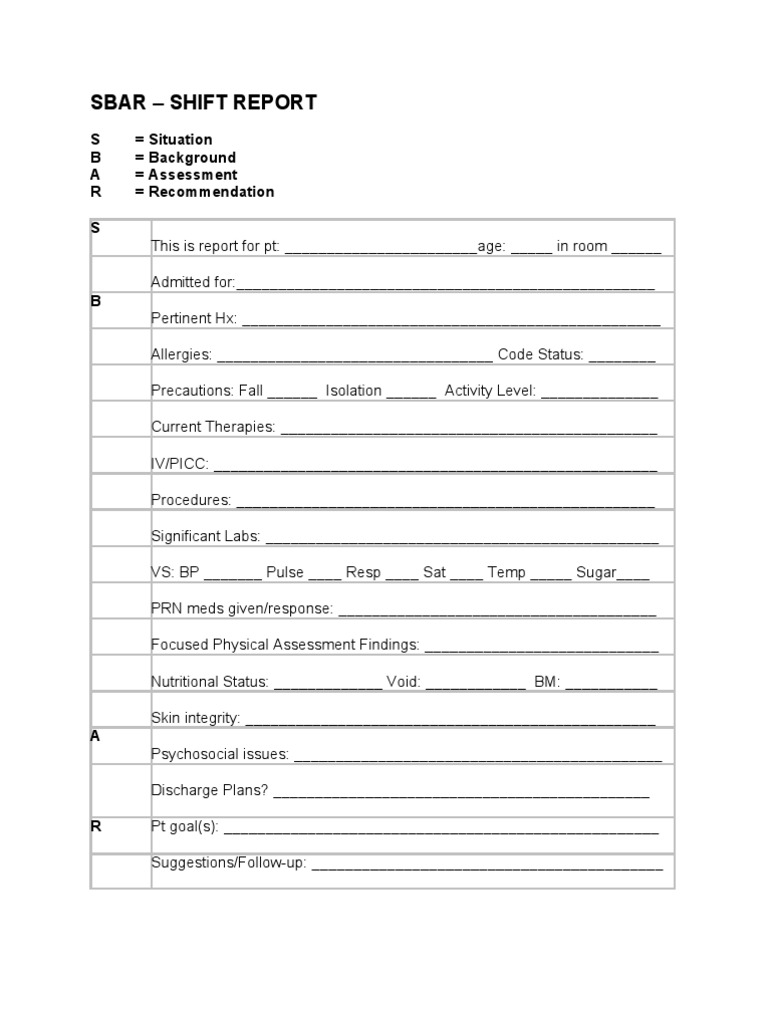 SBAR Shift Report Template | PDF | Technology & Engineering