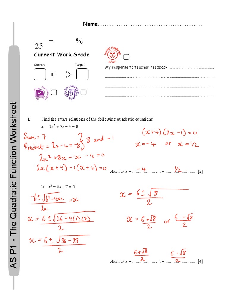 The Quadratic Function Worksheet Completed PDF Algebra