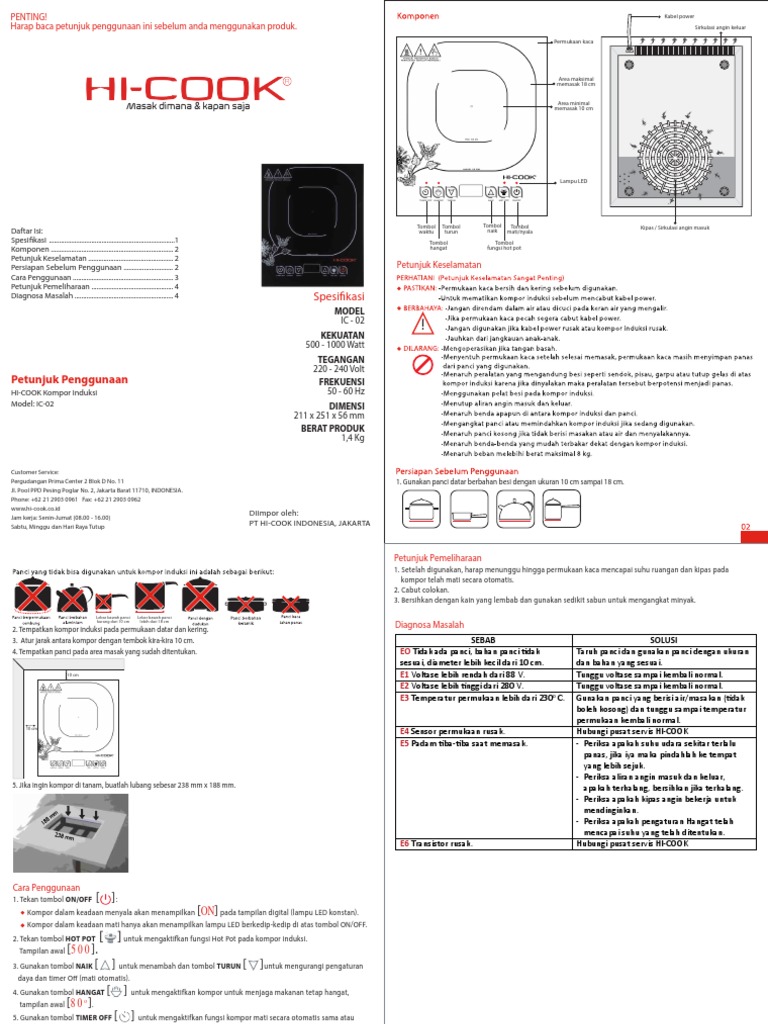 Panduan Penggunaan Kompor Induksi IC-02 | PDF
