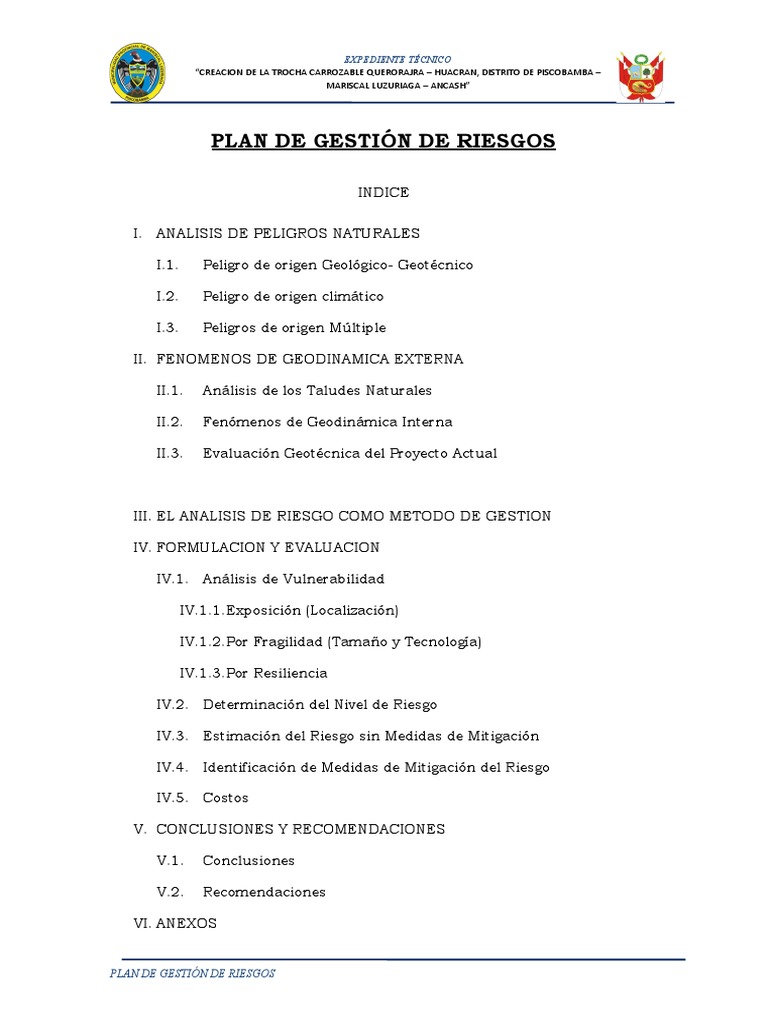 Plan De Gestion De Riesgos Pdf Temblores Riesgo