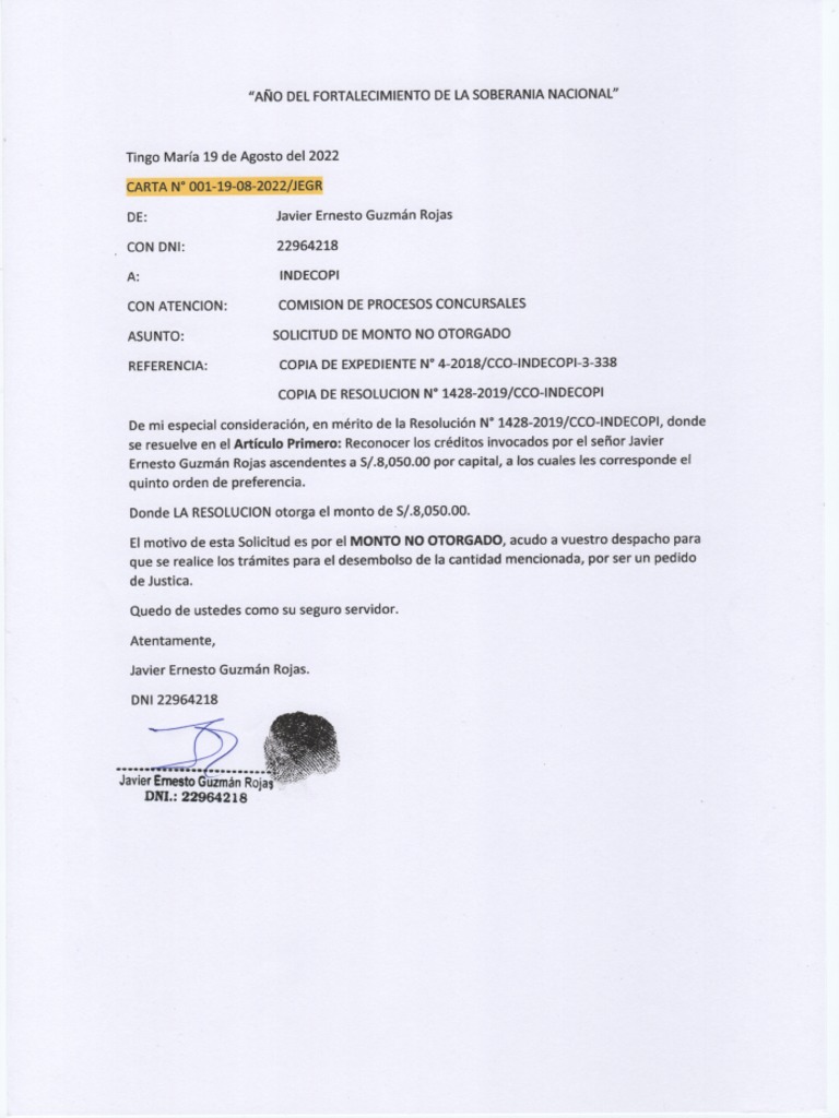 Carta A Indecopi Sobre de Monto de Dinero PDF