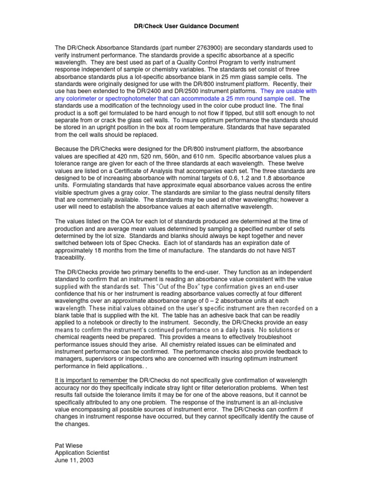 DR/Check Absorbance Standards Guide | PDF | Absorbance | Spectrophotometry