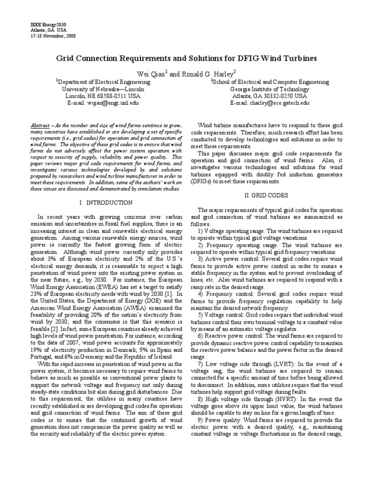 Grid Connection Requirements and Solutions For DFIG Wind Turbines | PDF ...