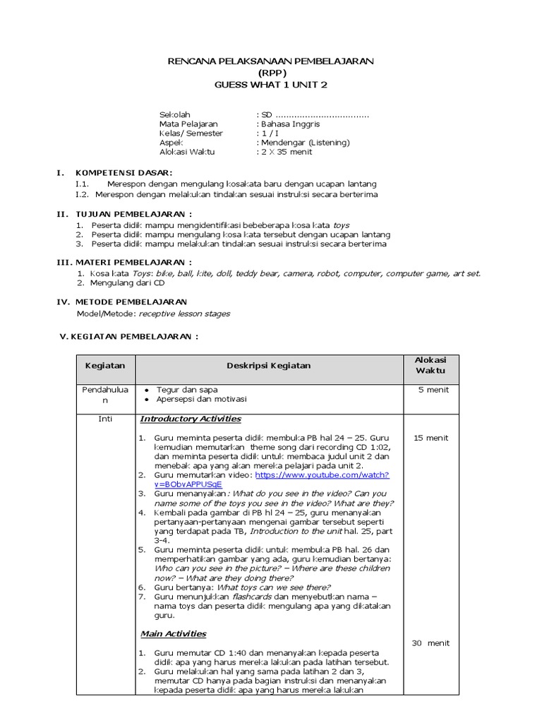 RPP Guess What - Level 1 - Unit 2 | PDF