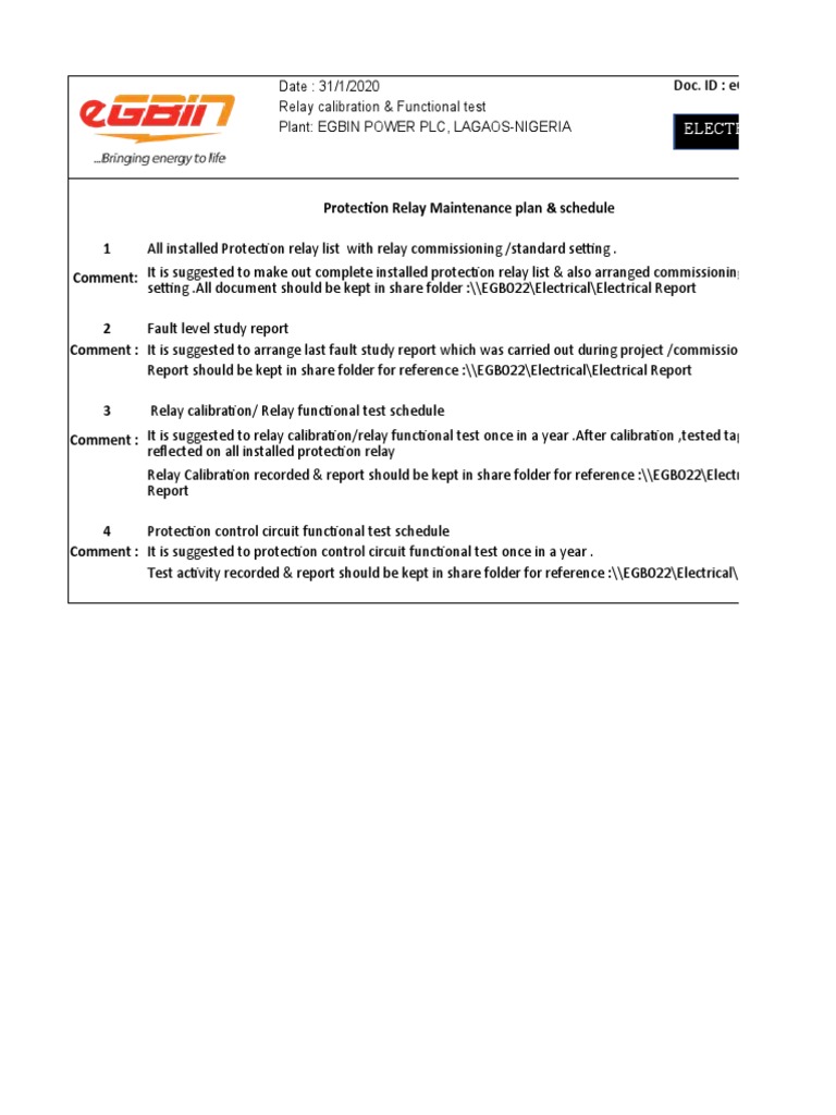 Electrical Relay Maintenance Schedule | PDF | Relay | Electric Generator