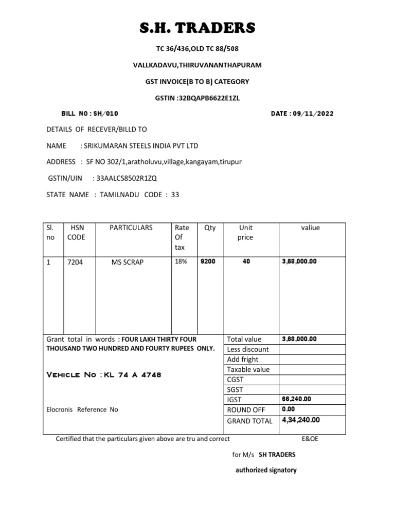 GST invoice for MS scrap sale from SH Traders to Srikumaran Steels