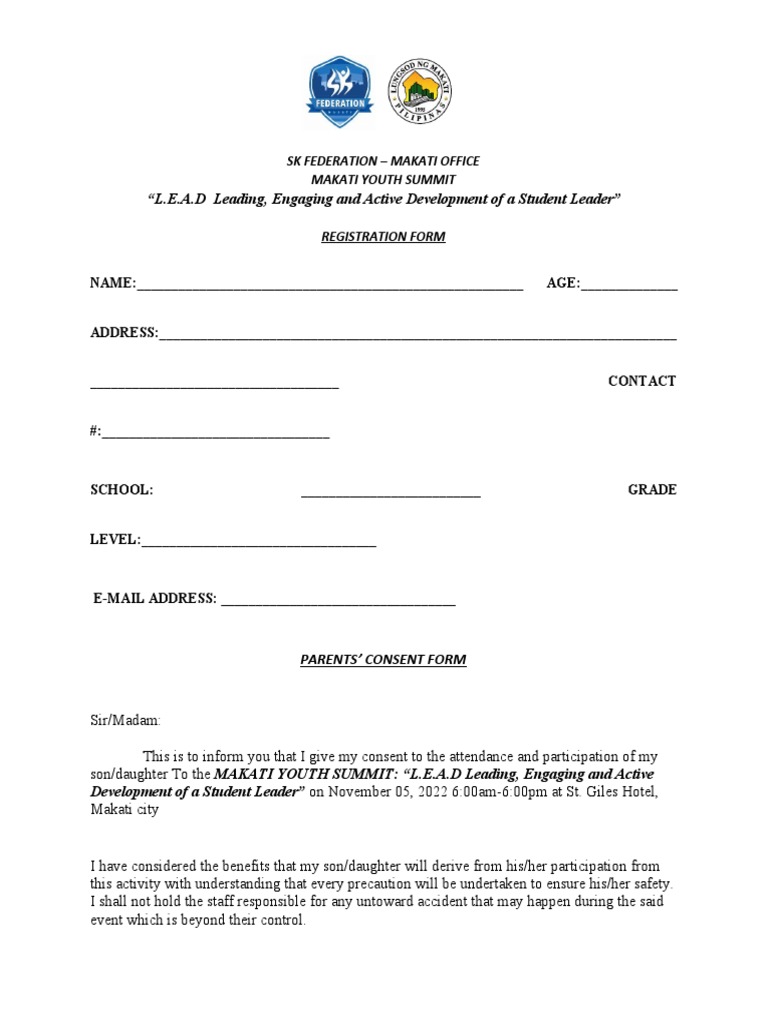 Makati Youth Summit Registration Form Parents Consent Form | PDF ...
