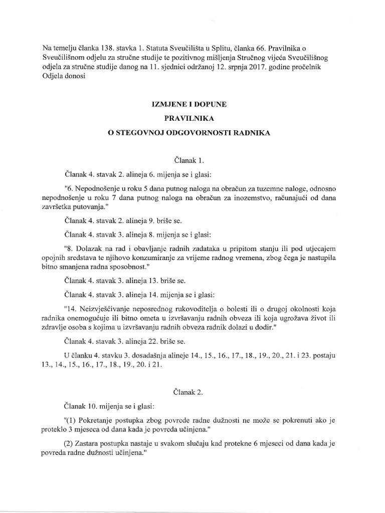 Izmjene I Dopune Pravilnika o Stegovnoj Odgovornosti Radnika | PDF