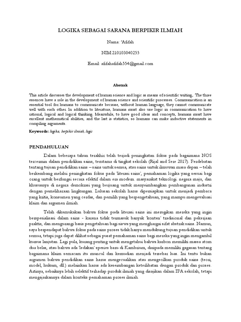 Afifah Logika Sebagai Sarana Berpikir Ilmiah Pdf