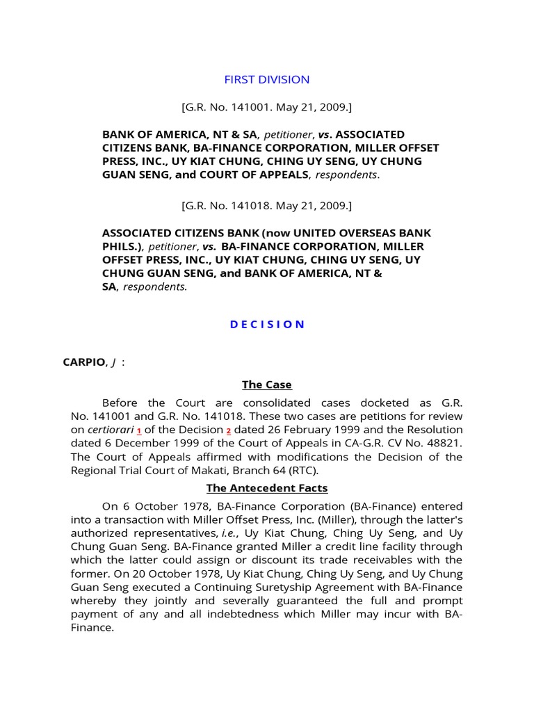 Bank of America vs. Associated Citizens Bank Case Summary | PDF ...