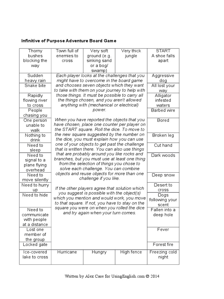 Infinitives of purpose adventure board game pdf