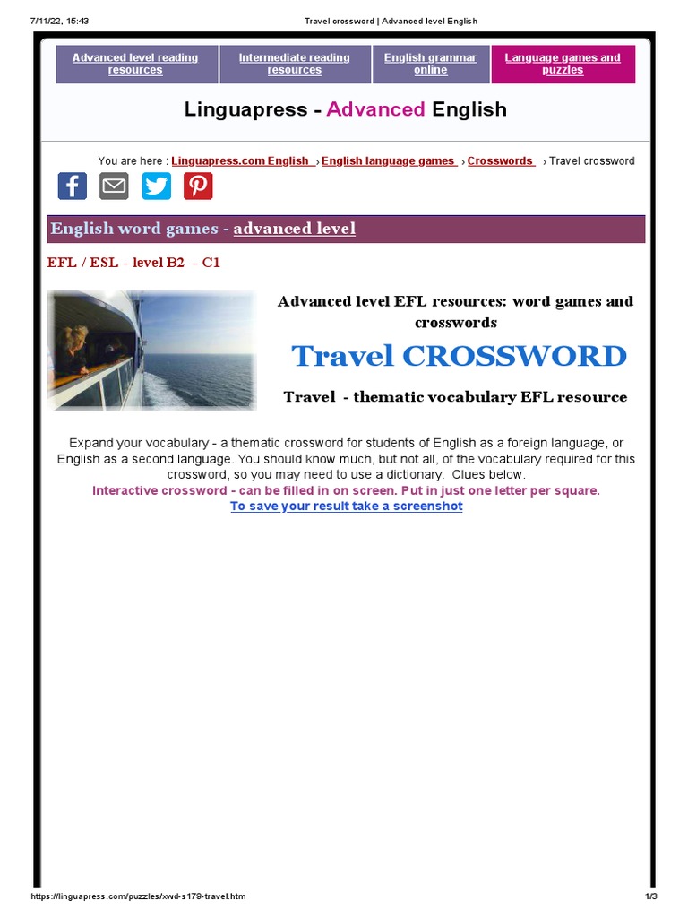 Travel Crossword - Advanced Level English | PDF
