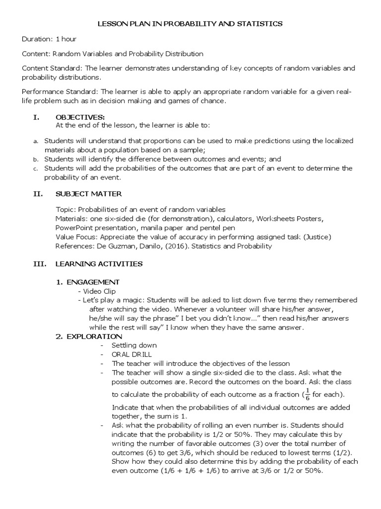 Contextualized Lesson Plan in Probability and Statistics | PDF