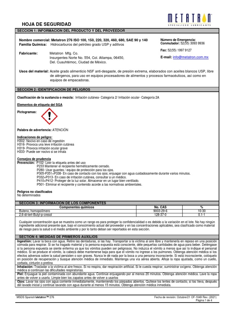 62a0cab873f7e0b766748fa6 - MSDS Metatron 276 A | PDF | Combustión | Agua