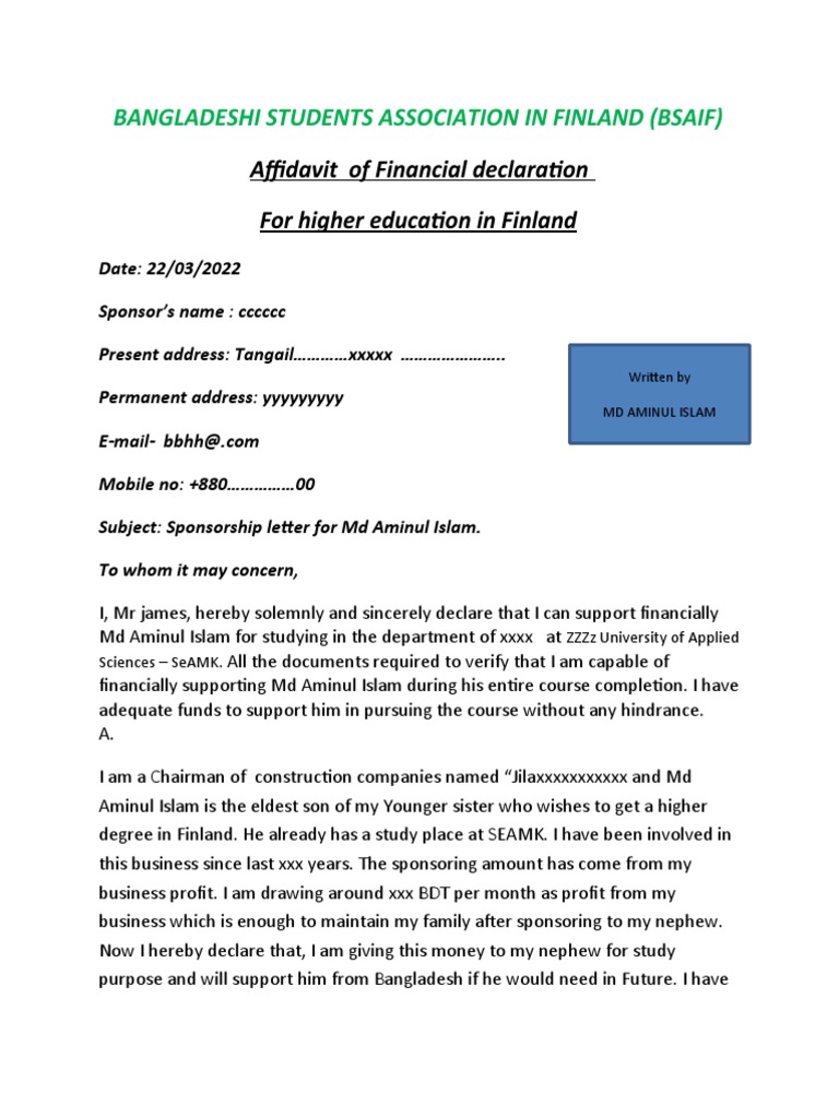 Financial Support Affidavit for Education | PDF