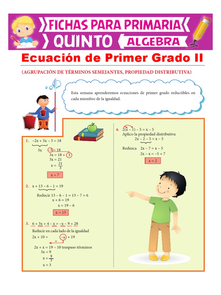 Ejercicios de Ecuaciones de 1er Grado para Quinto de Primaria PDF