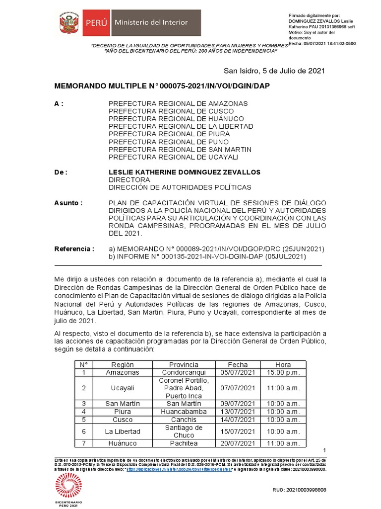 Memorando Multiple 000075-2021 - in - Voi - Dgin - Dap | PDF