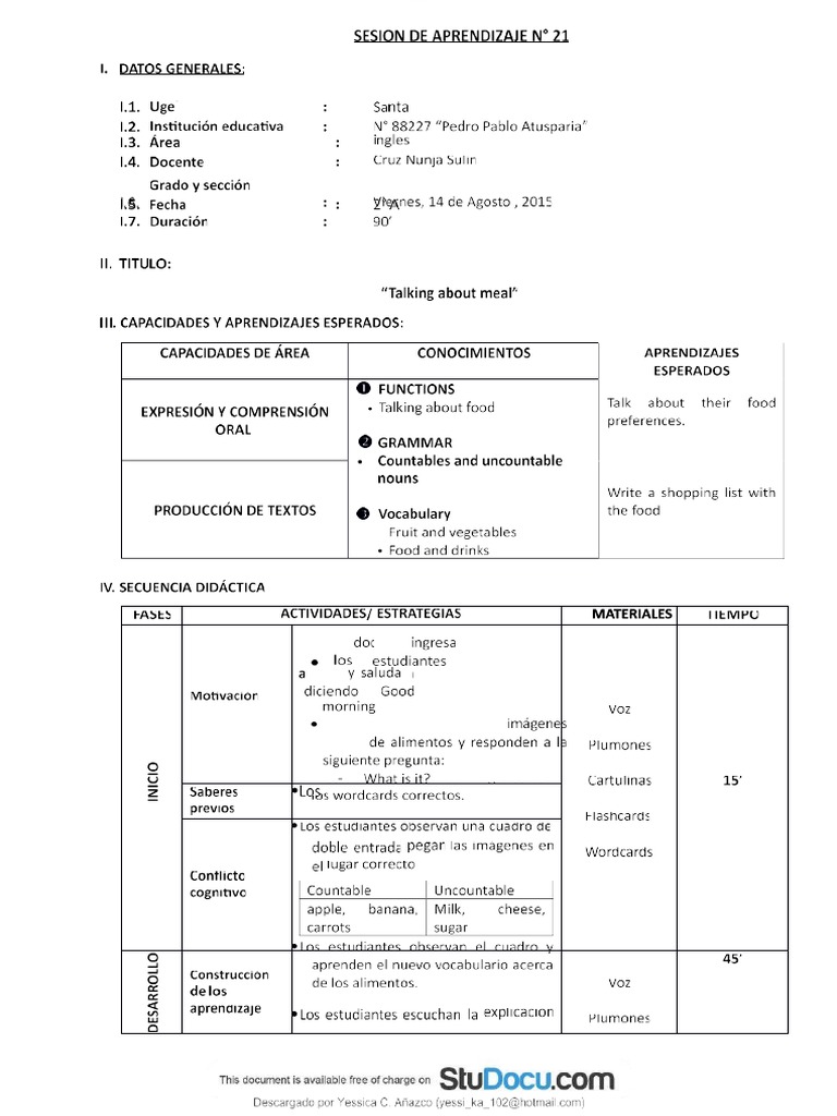 Sesiones De Aprendizaje Ingles Pdf